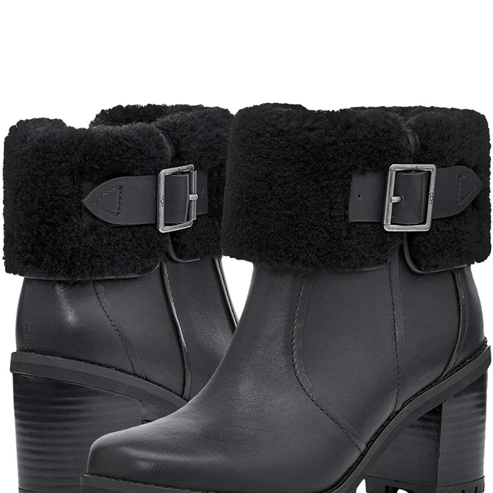 ❄️ Ugg Sz7 Elisiana Genuine Black Leather Ankle Boots with Wool Shearling
